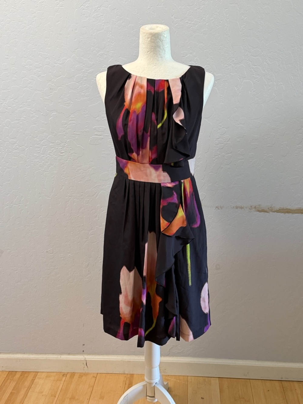 Suzi Chin for Maggy Boutique Black Midi Dress with Multicolor Floral Print